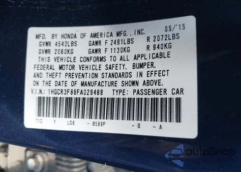 2015 Honda Accord Exl from USA, damaged, VIN 1HGCR3F86FA029489